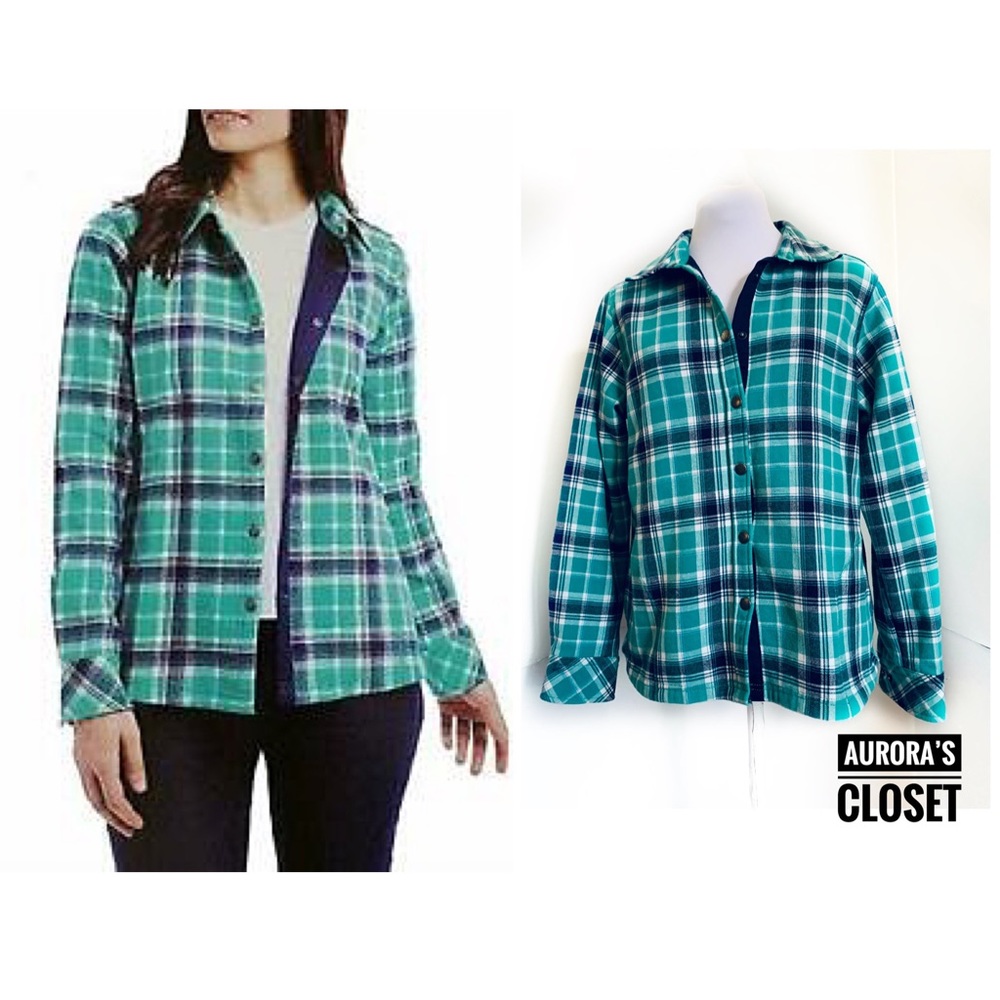 Orvis M Green Plaid Flannel Top Snap Fleece